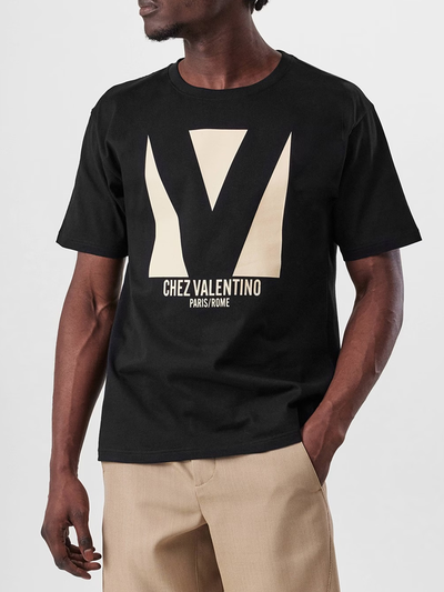 Valentino – Jersey-T-Shirt mit „Chez Valentino“-Print in Schwarz