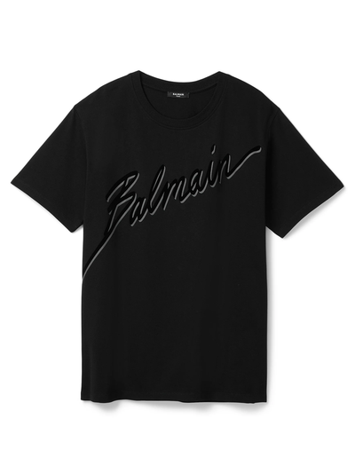 Balmain – T-Shirt mit beflocktem Balmain-Logo in Schwarz