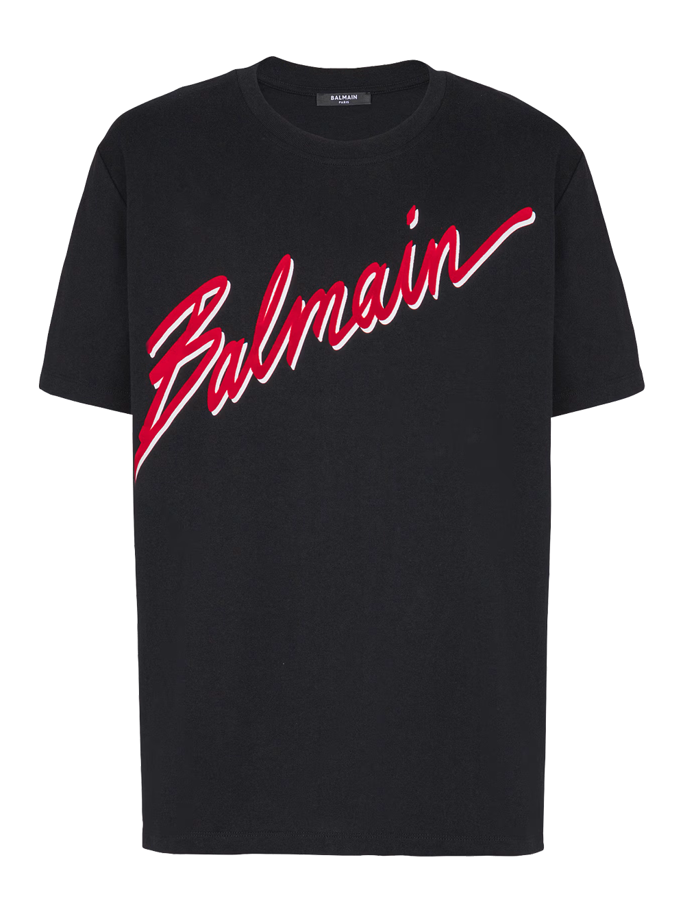 Balmain – Schwarzes T-Shirt mit beflocktem roten Buchstabenlogo