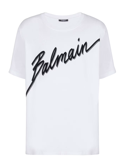 Balmain – T-Shirt mit beflocktem Balmain-Buchstabenlogo in Weiß