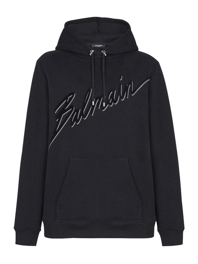 Balmain – Kapuzenpullover mit beflocktem Logo-Schriftzug in Schwarz