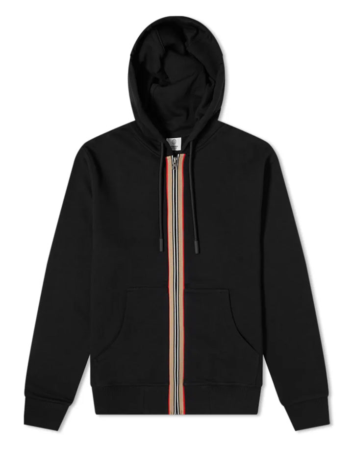 Burberry – Schwarzer Kapuzenpullover mit Reißverschluss und Streifendetail