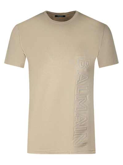 Balmain – Braunes T-Shirt mit vertikal geprägtem Logo