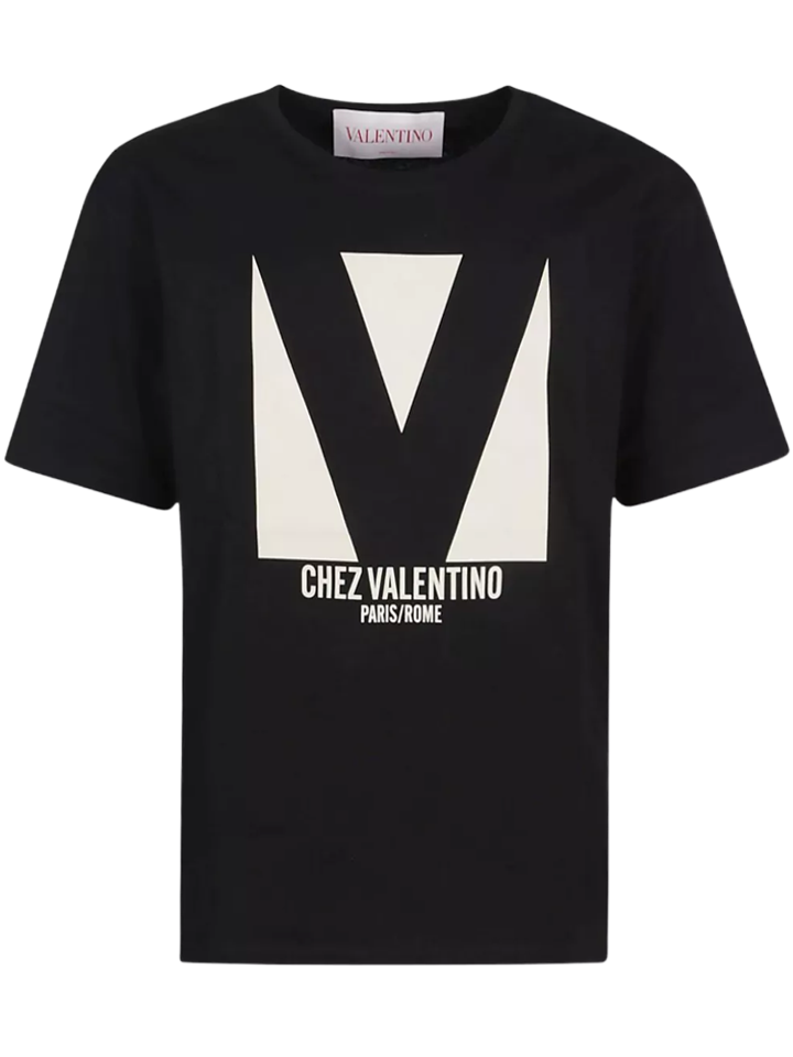 Valentino – Jersey-T-Shirt mit „Chez Valentino“-Print in Schwarz