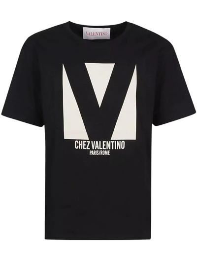 Valentino – Jersey-T-Shirt mit „Chez Valentino“-Print in Schwarz