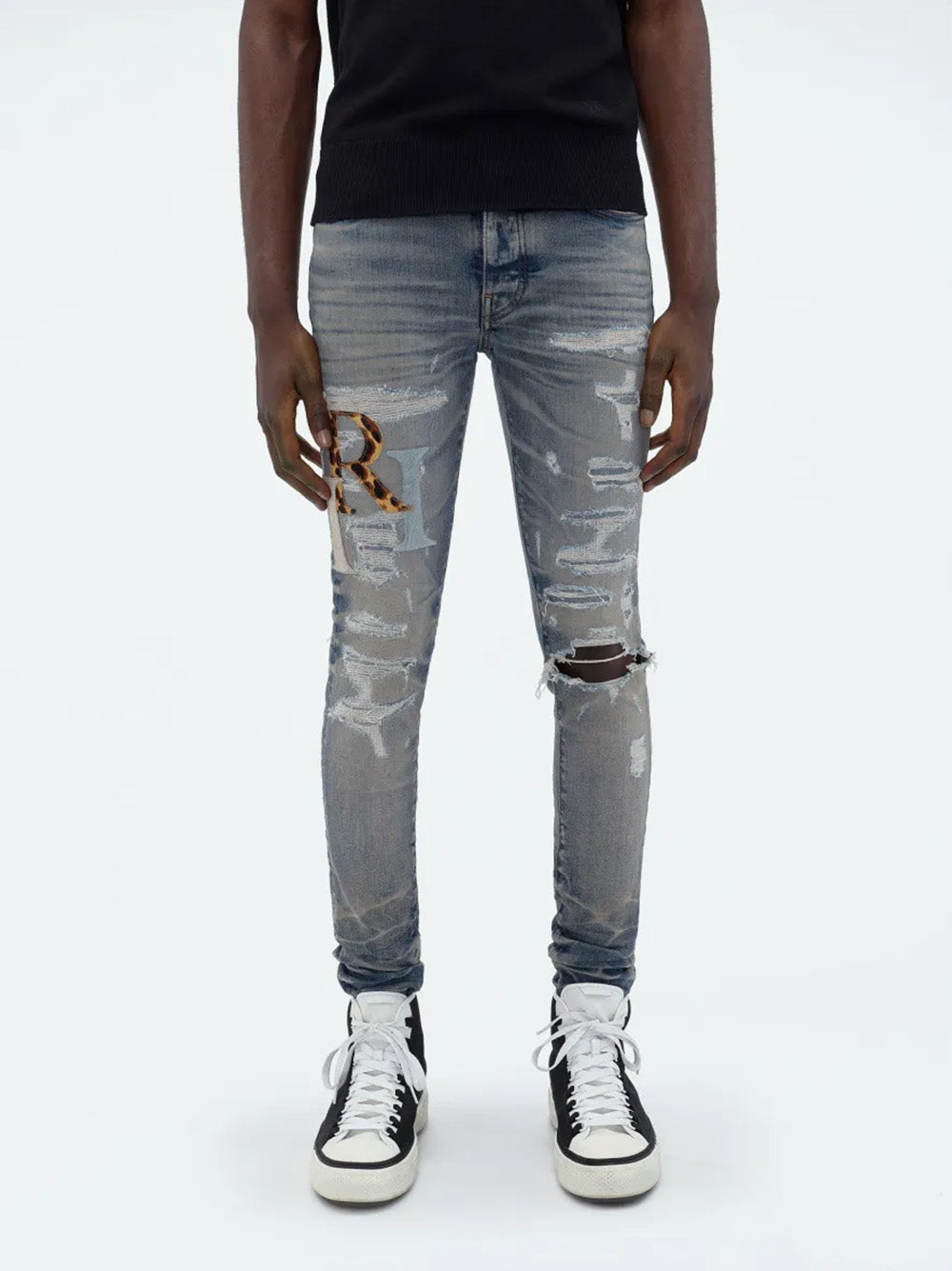 Amiri – Blaue Jeans aus Leder mit versetztem Logo