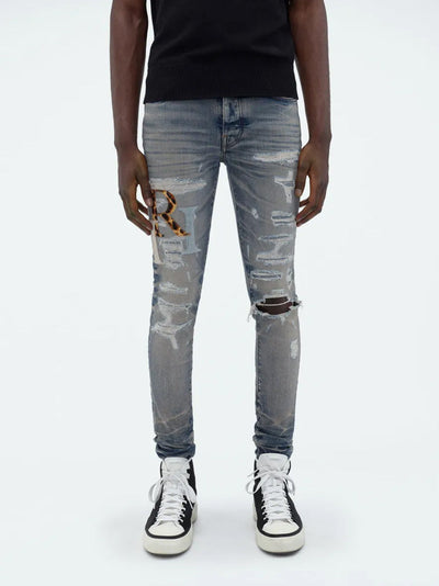 Amiri – Blaue Jeans aus Leder mit versetztem Logo