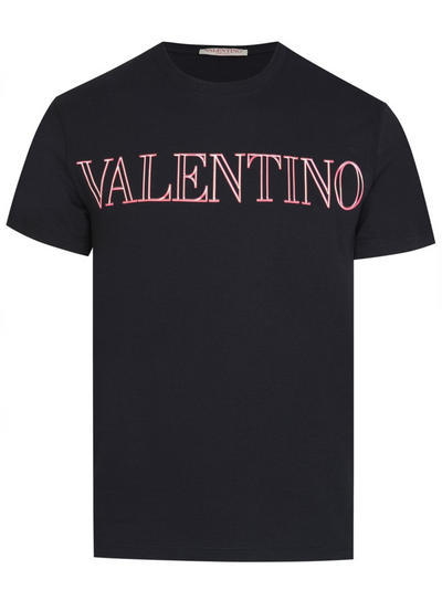 Valentino – Neon Universe – Schwarzes T-Shirt mit rosa Umrissen und Aufdruck