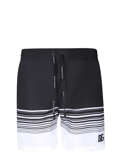 Dolce &amp; Gabbana – Gestreifte Badeshorts mit Kordelzug in Schwarz/Weiß