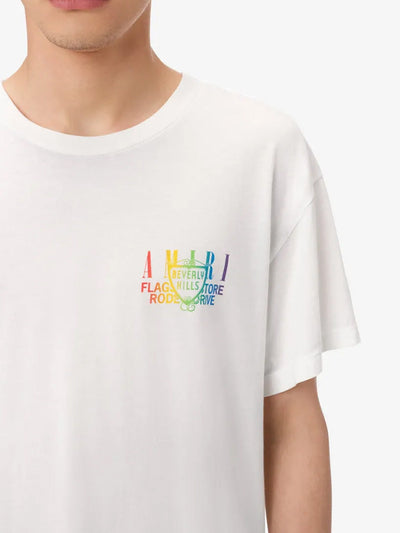 Amiri XO Beverly Hills – Weißes T-Shirt mit Regenbogen-Print