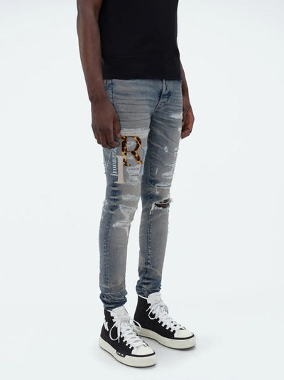 Amiri – Blaue Jeans aus Leder mit versetztem Logo