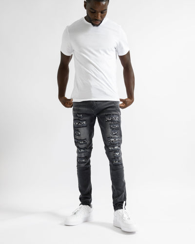 Magiri Bordeaux – Schwarze Jeans im Used-Look mit Bandana-Print
