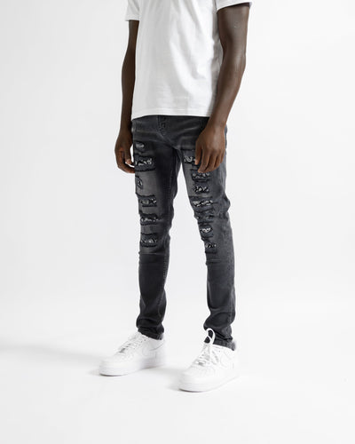 Magiri Bordeaux – Schwarze Jeans im Used-Look mit Bandana-Print