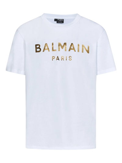 Balmain – Weißes T-Shirt mit goldenem Logodruck