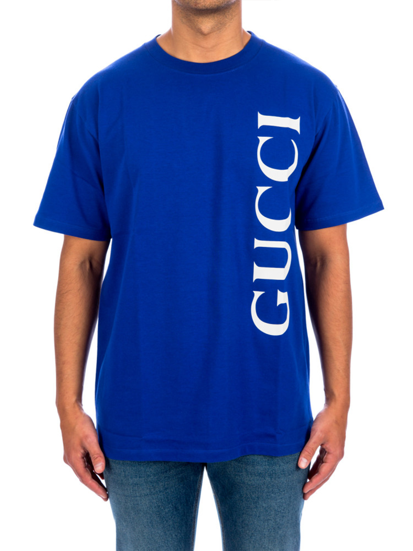 Gucci – T-Shirt mit vertikalem Logo-Aufdruck in Blau