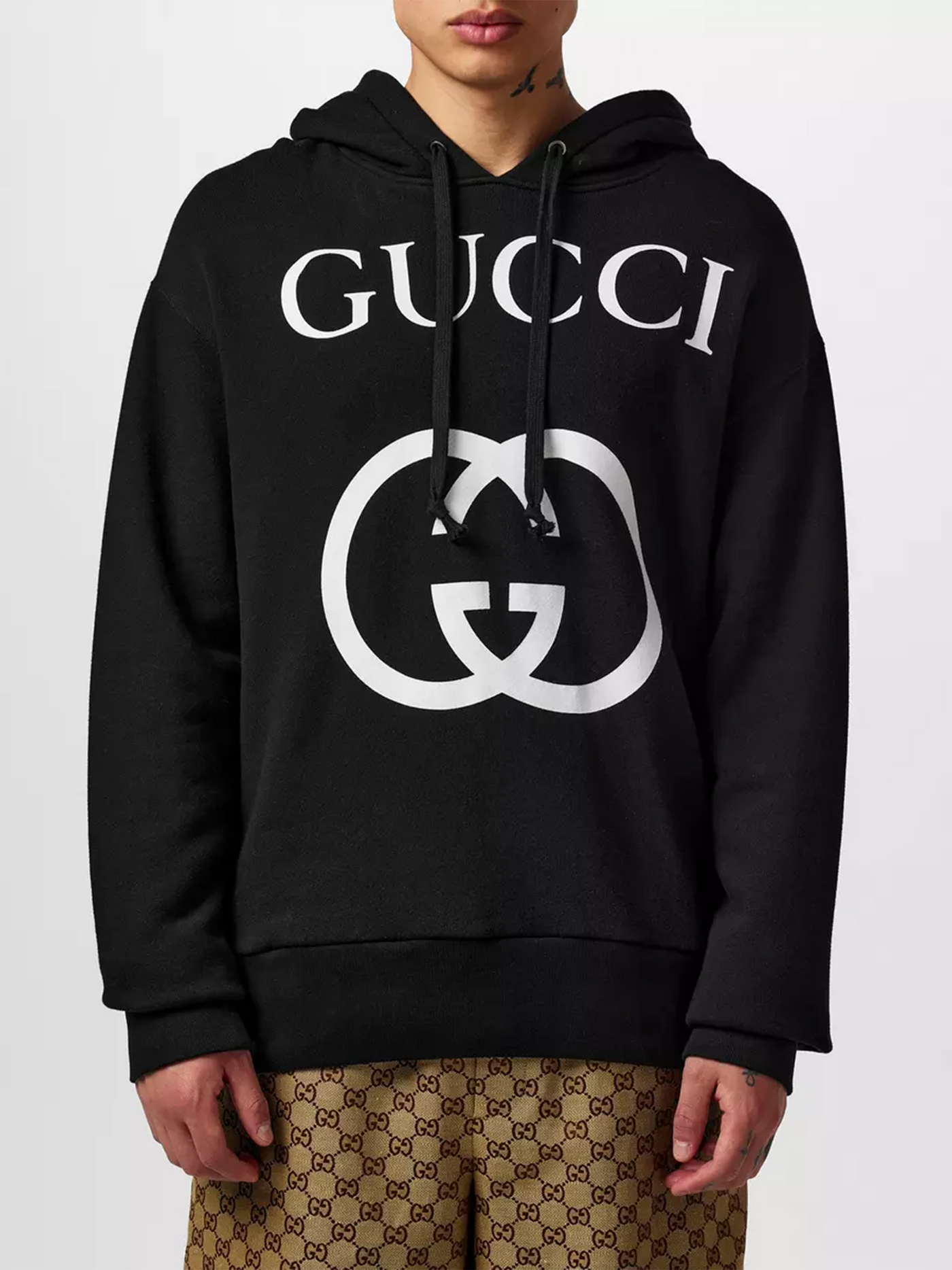 Gucci – Schwarzer Kapuzenpullover mit ineinandergreifendem GG-Logo